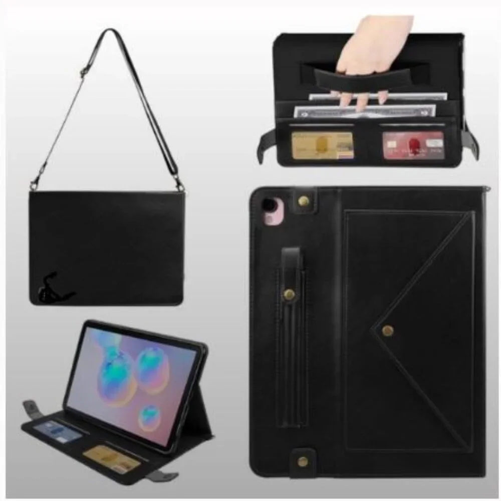 NWOT Black Crossbody Folio Case Over-Shoulder Strap Snaps Pencil Holder 9-10